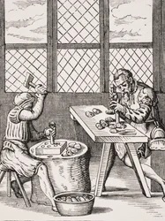 Würfelmacher, Reproduktion eines Holzschnitts von Jost Amman aus 